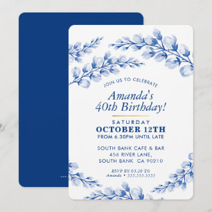 FLORAL BIRTHDAY PARTY INVITE pretty porcelain blue
