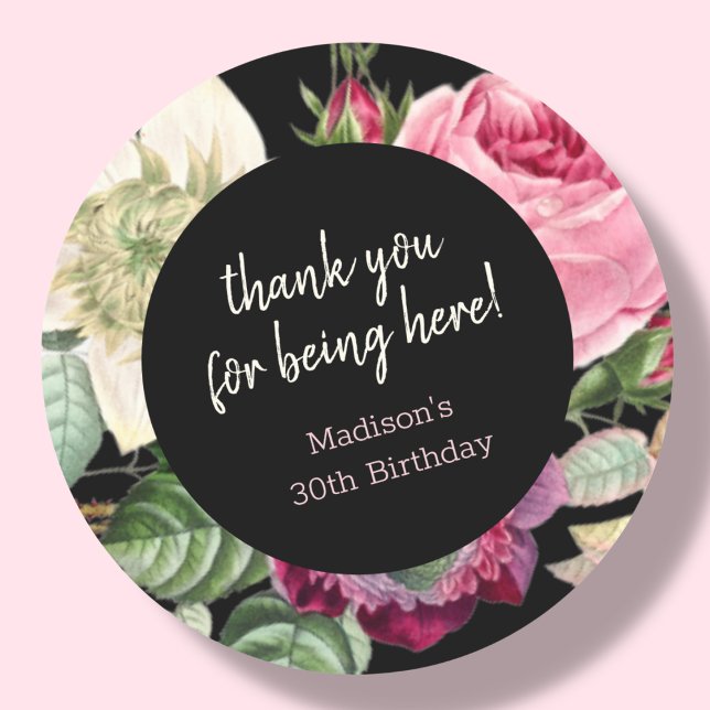 Floral | Birthday Thank You Favor Classic Round Sticker (Creator Uploaded)