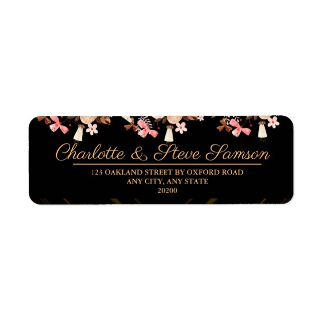 Floral Black and Gold Mariage Adresse de retour (Devant)