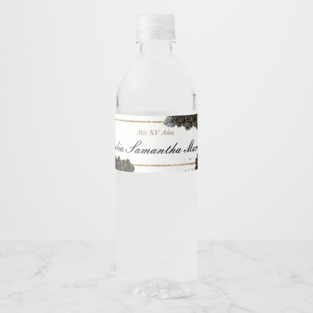 Floral Black and Gold Quinceañera Theme  Water Bottle Label (Front)