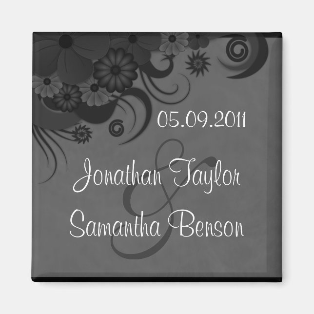 Floral Black and Grey Save The Date Fridge Magnets (Front)