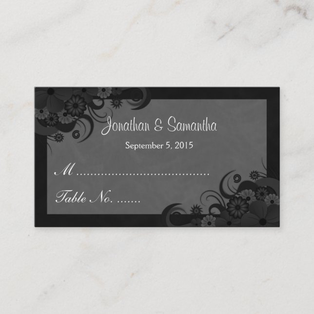 Floral Black and Grey Wedding Table Place Cards (Front)