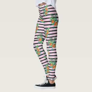 Floral Black and Pink Stripes Leggings