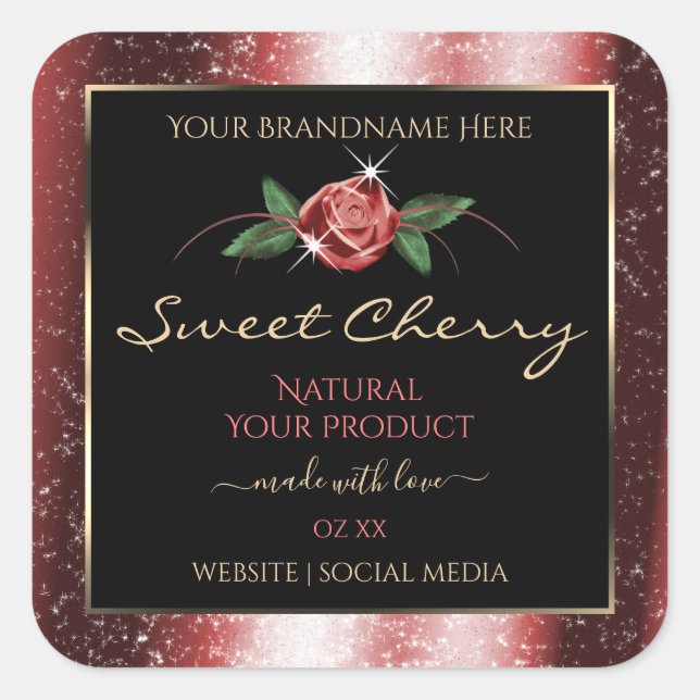 Floral Black and Red Soft Glitter Product Labels (Front)
