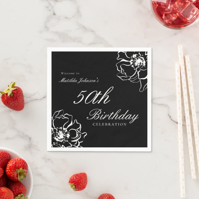 Floral Black and White 50th birthday Napkin (Insitu)