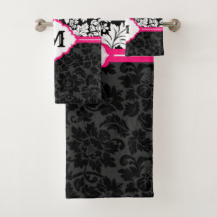 Floral Black And White Damask Bath Towel Set