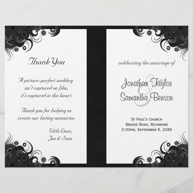 Floral Black and White Goth Folded Wedding Program (Front)