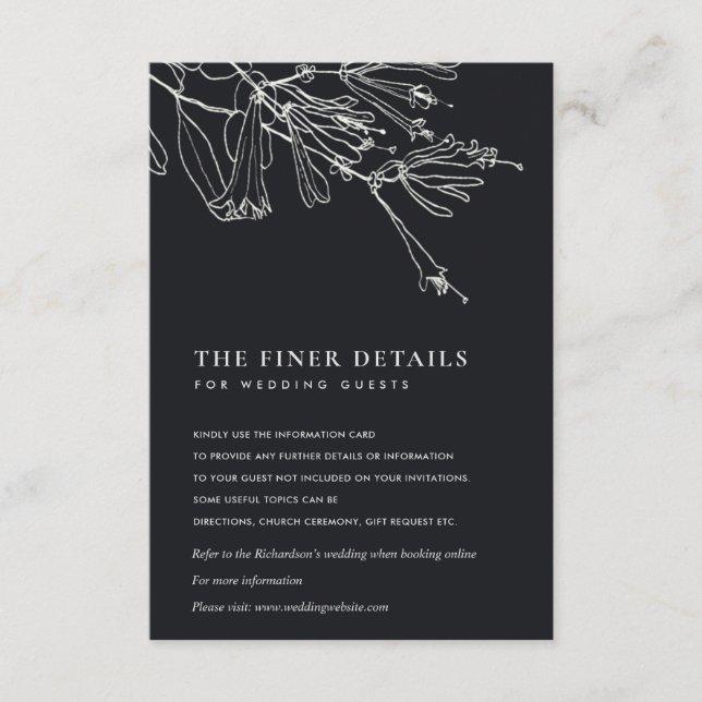 FLORAL BLACK AND WHITE LINE DRAWING WEDDING DETAIL ENCLOSURE CARD (Front)