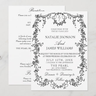 Floral Black And White Monogram All In One Wedding Invitation