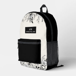 Floral Black and White Monogram and Name Printed Backpack