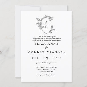 Floral Black and White Monogram Crest Wedding Invitation