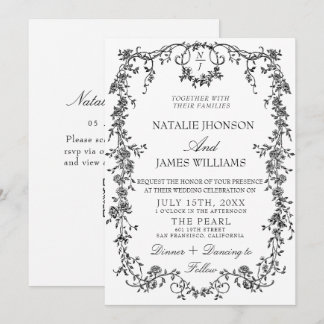 Floral Black And White Monogram QR Code Wedding Invitation