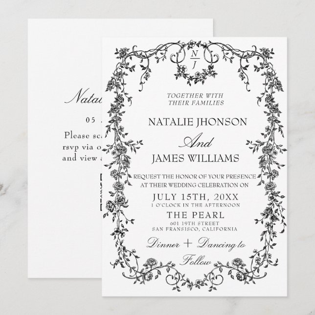 Floral Black And White Monogram QR Code Wedding Invitation (Front/Back)