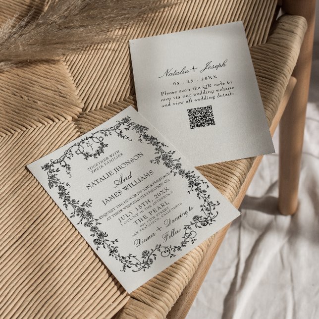Floral Black And White Monogram QR Code Wedding Invitation (Creator Uploaded)
