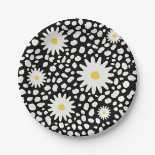 Floral Black and White Pattern Paper Plate