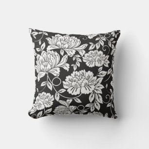 Floral Black And White Peony Flower Pattern Pillow