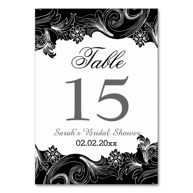 Floral black and white Personalized table numbers (Back)