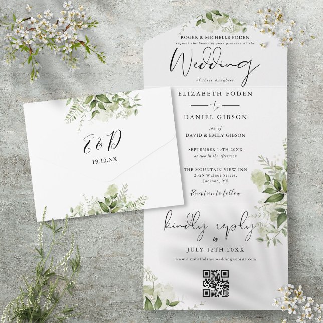 Floral Black And White QR Code Formal Wedding All In One Invitation (Floral Black And White QR Code Formal Wedding All In One Invitation)