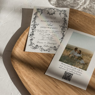 Floral Black And White QR Code Photo Wedding Invitation