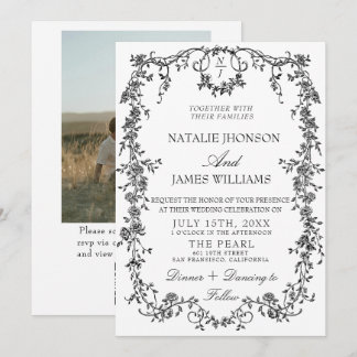 Floral Black And White QR Code Photo Wedding Invitation