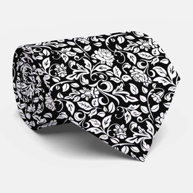Floral Black and White Rose Vine Pattern Tie (Rolled)