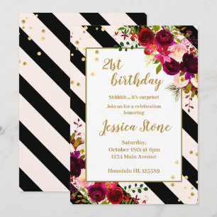 Floral black and white stripes 21st birthday invitation