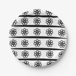 Floral Black and White Stripes Floral Paper Plate