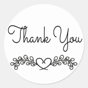 Floral Black and White Thank You Laurel Heart Classic Round Sticker