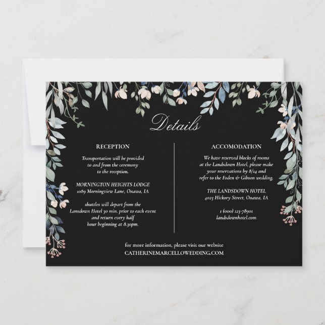 Floral Black And White Wedding Details Card (Front)