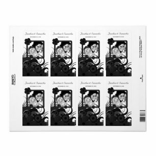 Floral Black and White Wedding Photo Wine Labels