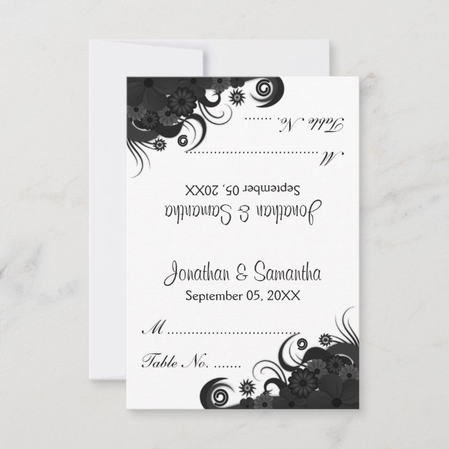 Floral Black and White Wedding Table Place Cards (Front)