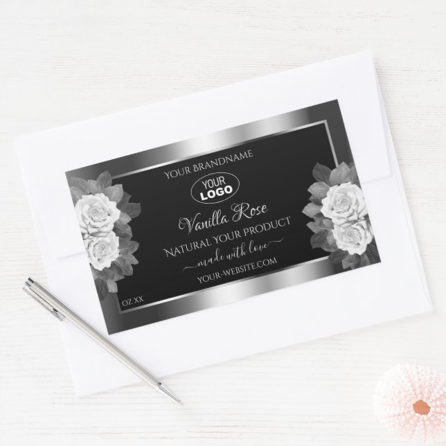 Floral Black Argent Étiquette blanc Roses Logo (Enveloppe)