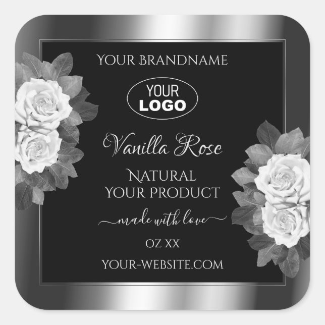Floral Black Argent Étiquette blanc Roses Logo (Devant)