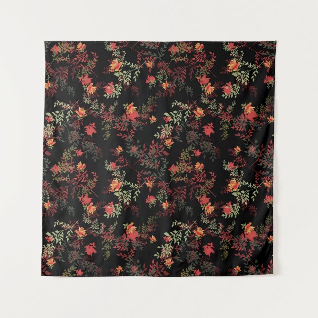 Floral Black Background Seamless Pattern Tapestry (Front)