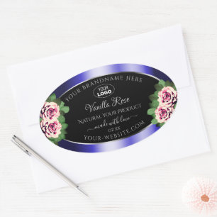 Floral Black Blue Product Labels Pink Roses Logo
