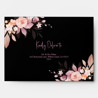 Floral Black & Blush Rose Wedding  Envelope