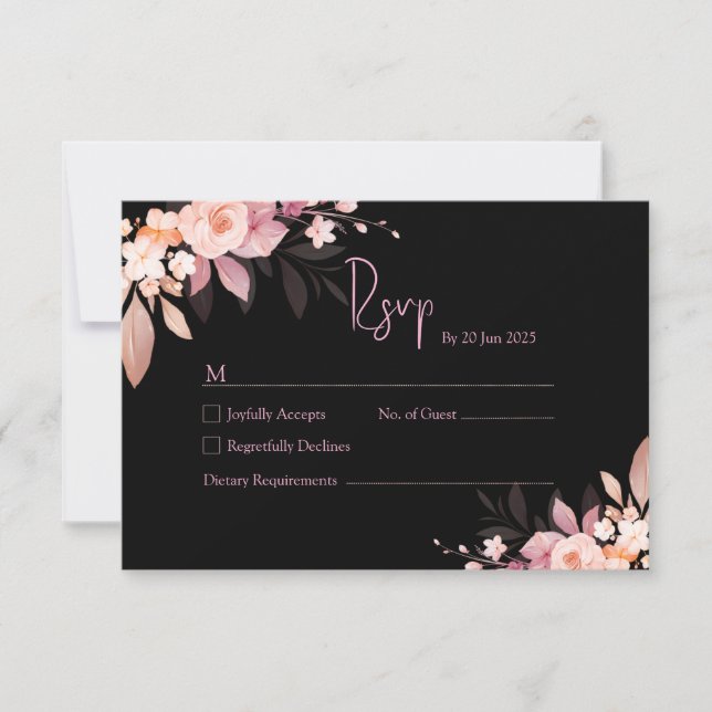 Floral Black & Blush Rose Wedding  RSVP Card (Front)