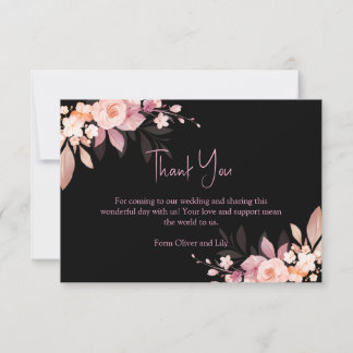 Floral Black & Blush Rose Wedding  Thank You Card