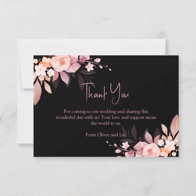 Floral Black & Blush Rose Wedding  Thank You Card (Front)
