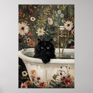 Floral black cat bathroom print, botanical flower poster
