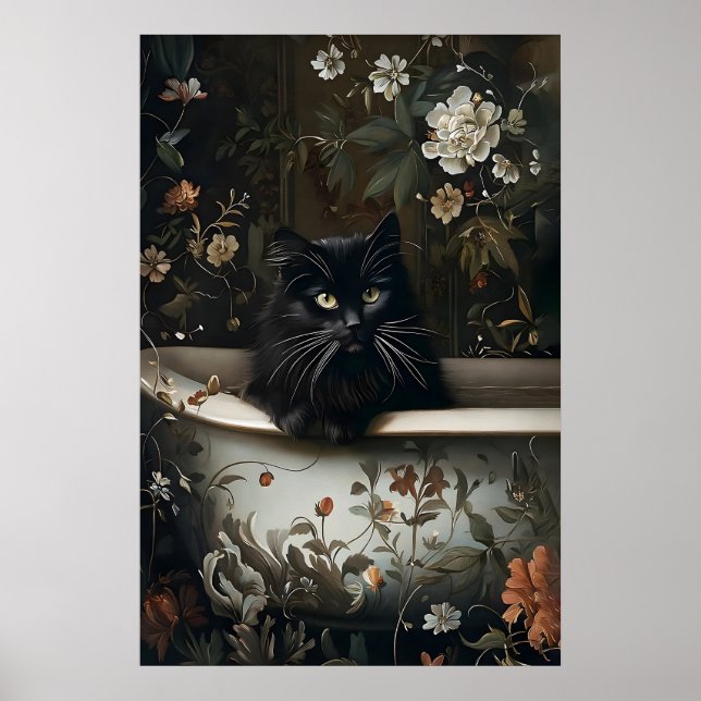 Floral Black Cat Bathroom Print, Gothic Poster (Front)