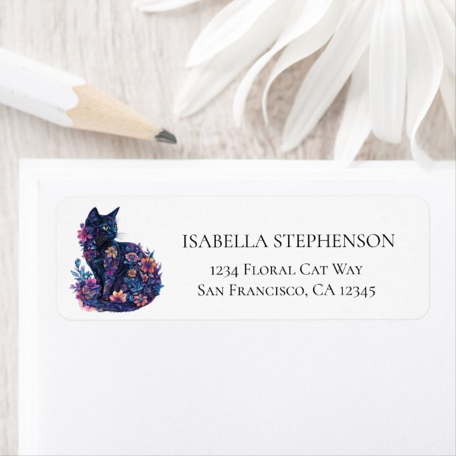 Floral Black Cat Elegant Chic Adresse de retour (En situation)
