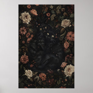 Floral Black Cats Vintage Art Print, Dark Academia Poster