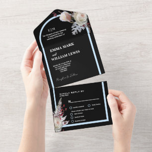 Floral black elegent wedding  all in one invitation