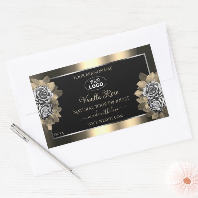Floral Black Gold Argent Étiquette Logo Rose (Enveloppe)