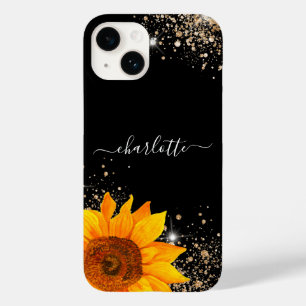 Floral black gold glitter monogram name Case-Mate iPhone 14 case