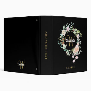 Floral Black Gold Monogram Recipe Cookbook Binder