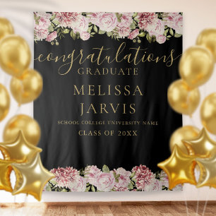 Floral Black Gold Script Graduation Photo Backdrop Tapestry