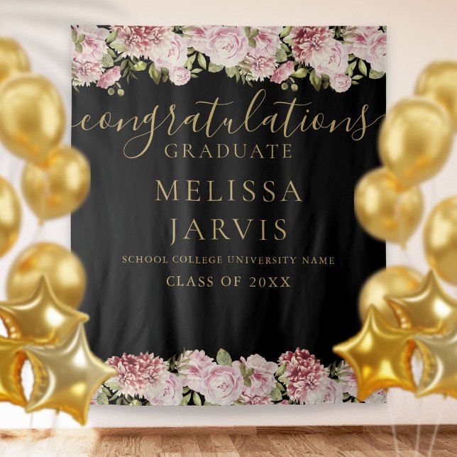 Floral Black Gold Script Graduation Photo Backdrop Tapestry (Creator Uploaded)