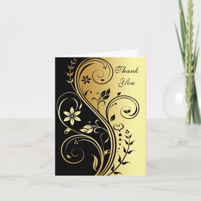 Floral Black & Gold Scroll Mariage Carte de remerc (Devant)
